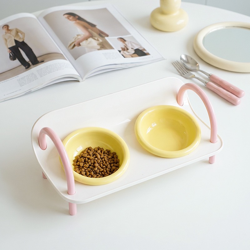 Elevated Ceramic Cat Bowls, Raised Tilt Double Pet Feeder Bowl, Anti-Spill Neck Protection Cat Food Water Bowl Cute Pastel Color