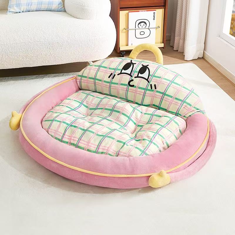 Cute Dopamine Plaid Pet Bed, Fluffy Deep Sleep Dog & Cat Sofa Bed with Raised Backrest