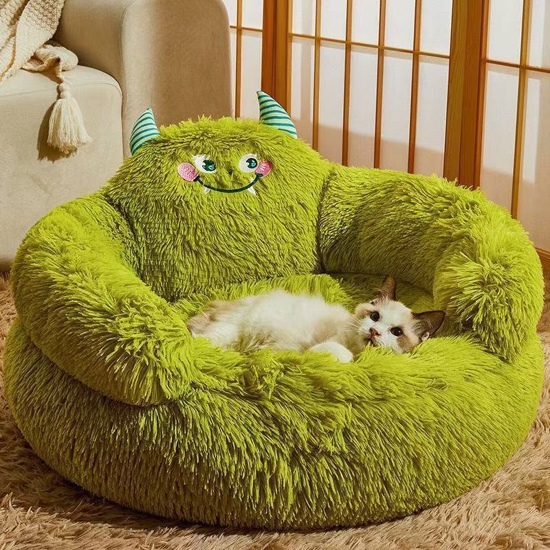 Cute Monster Shaggy Calming Dog Bed, Fluffy Round Anti-Anxiety Plush Pet Sofa Couch for Small Medium Dogs Cats