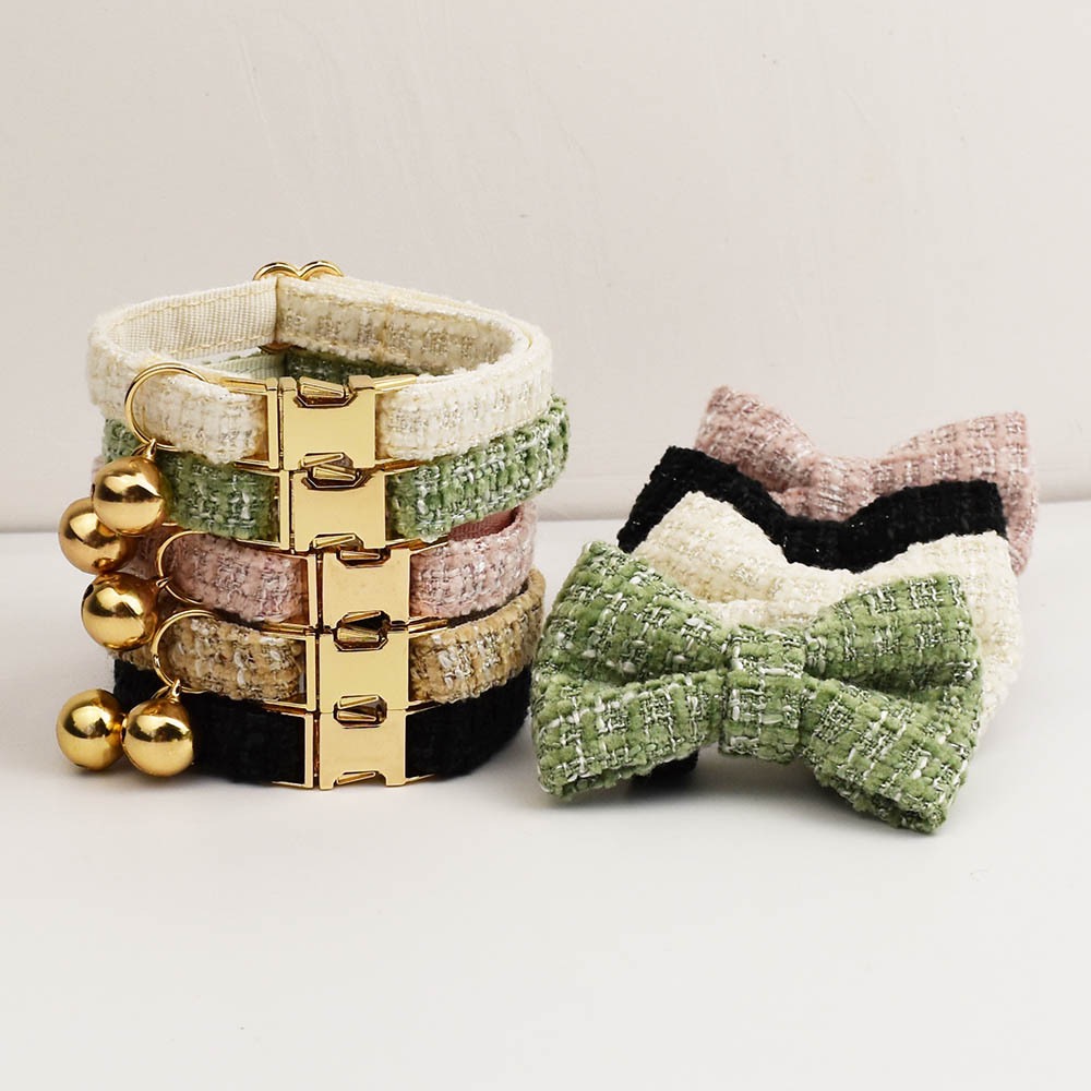 "Little Chanel" Style Pet Collar Series (with Bell & Bowtie) — Customizable Engraved Collar for Cats & Dogs