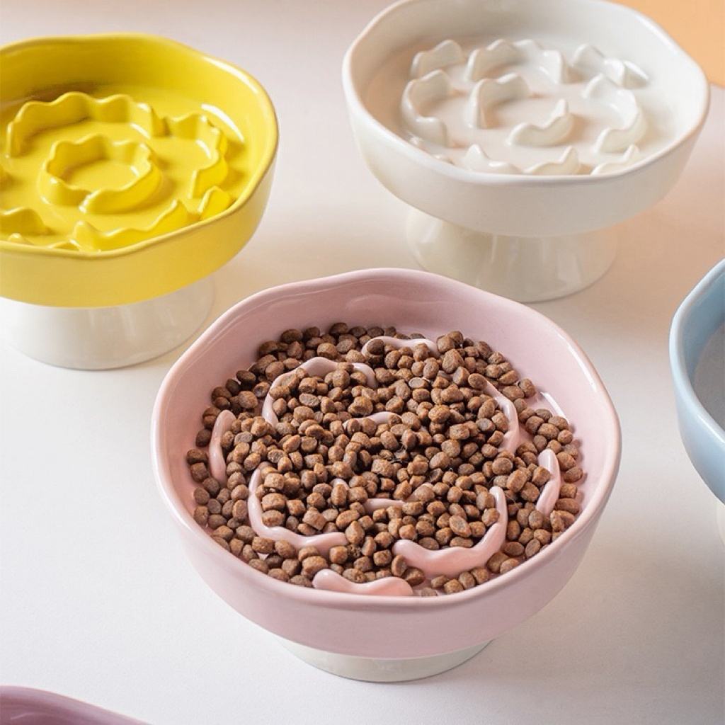  Cute Floral Raised Ceramic Slow Feeder Bowl, Elevated Anti-Gulping Pet Bowl for Cats Small Dogs, Neck Protective Pet Food Dish