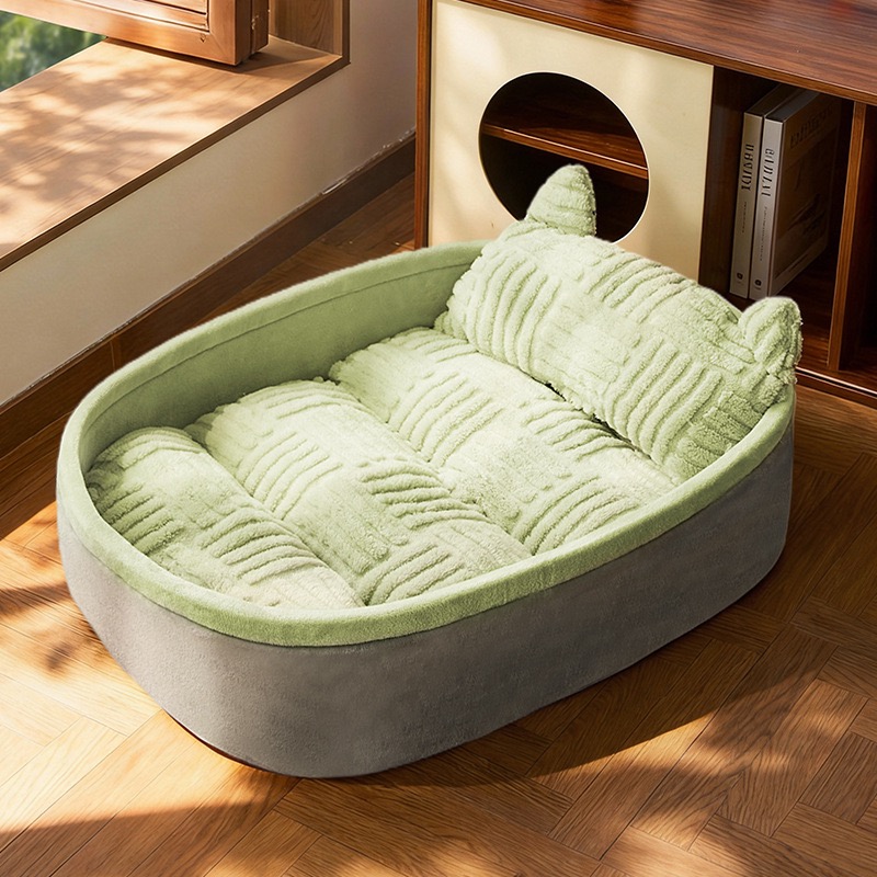 Warm Striped Fleece Pet Dog Bed | Non-Slip Raised Backrest Calming Dog Sofa for All Seasons