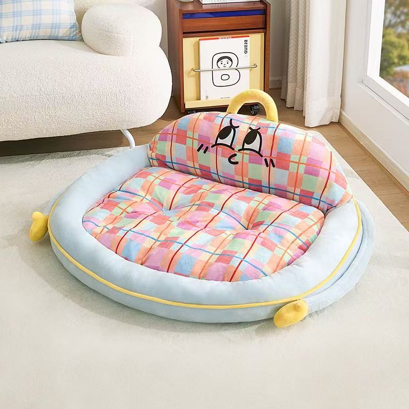 Cute Dopamine Plaid Pet Bed, Fluffy Deep Sleep Dog & Cat Sofa Bed with Raised Backrest