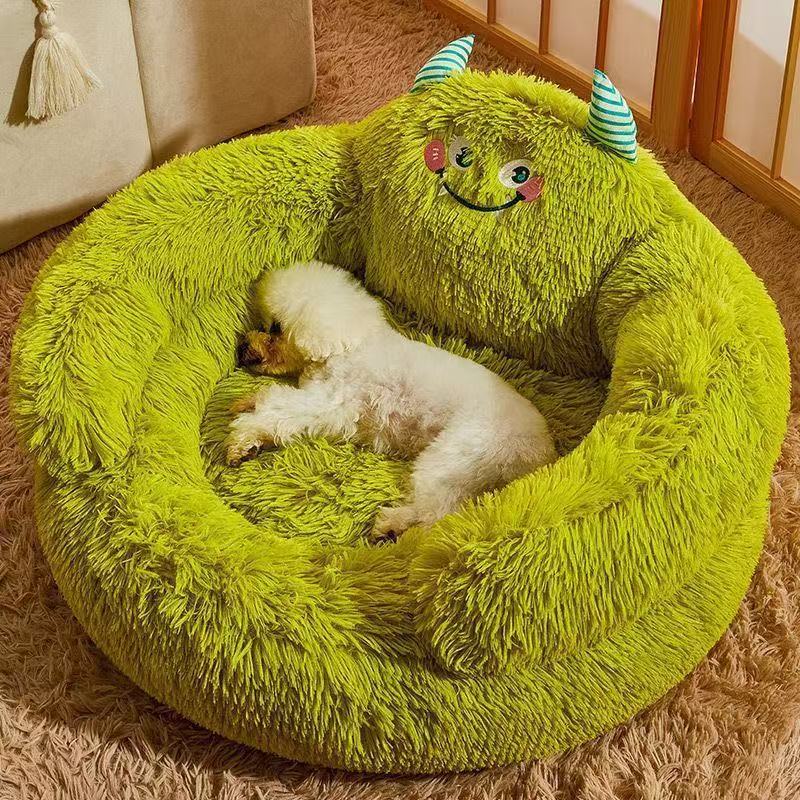 Cute Monster Shaggy Calming Dog Bed, Fluffy Round Anti-Anxiety Plush Pet Sofa Couch for Small Medium Dogs Cats-Lucky darling