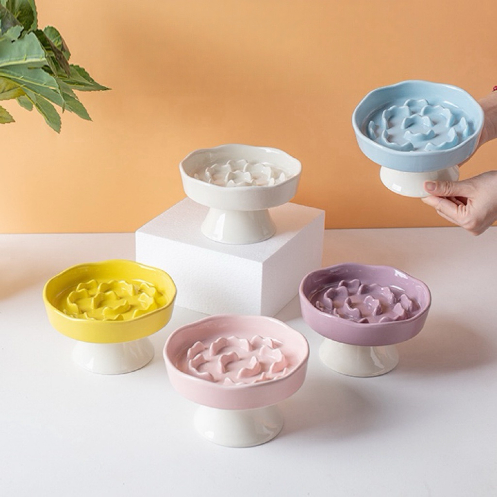  Cute Floral Raised Ceramic Slow Feeder Bowl, Elevated Anti-Gulping Pet Bowl for Cats Small Dogs, Neck Protective Pet Food Dish-Lucky darling