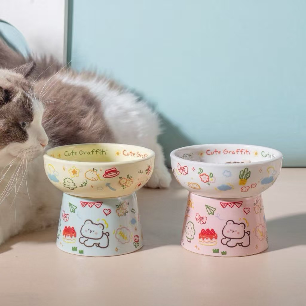 Cute Graffiti Elevated Ceramic Cat Bowl - Ergonomic Raised Feeder for Neck Protection, Anti-Vomiting & Whisker-Friendly, Dishwasher Safe Pet Bowl for Food & Water