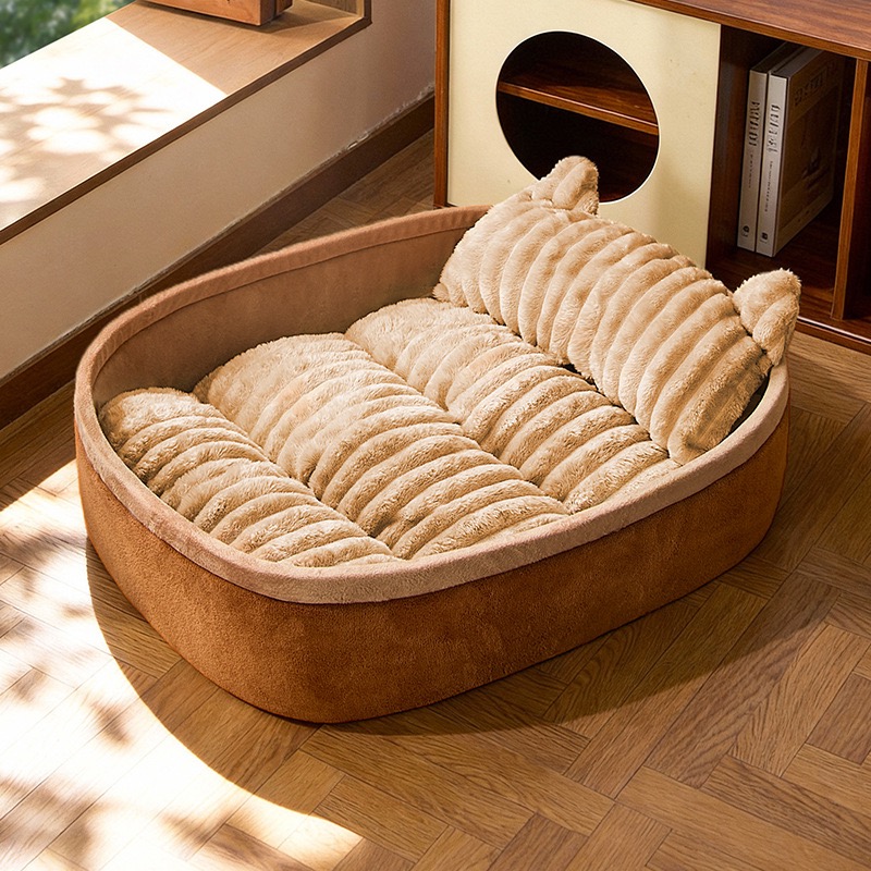 Warm Striped Fleece Pet Dog Bed | Non-Slip Raised Backrest Calming Dog Sofa for All Seasons