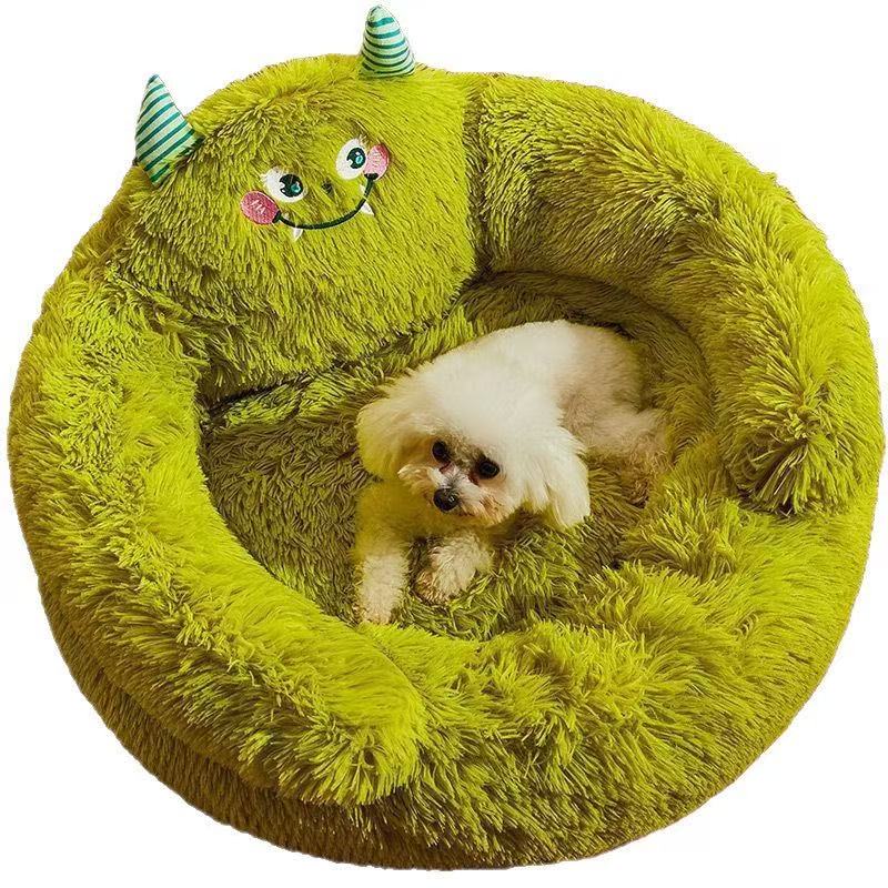 Cute Monster Shaggy Calming Dog Bed, Fluffy Round Anti-Anxiety Plush Pet Sofa Couch for Small Medium Dogs Cats