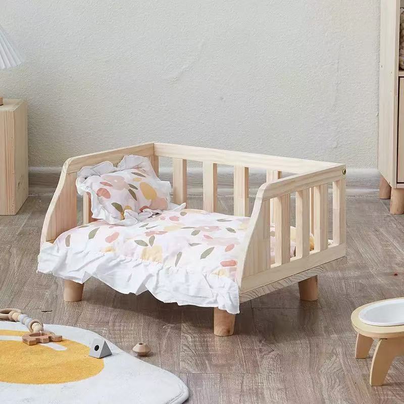 Elevated Solid Wood Pet Bed, Raised Off-Floor Dog Cat Sofa Bed with Removable Floral Cushion