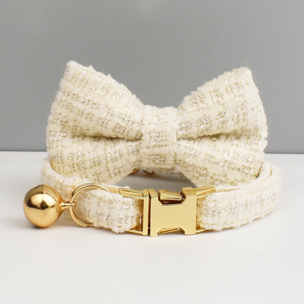 "Little Chanel" Style Pet Collar Series (with Bell & Bowtie) — Customizable Engraved Collar for Cats & Dogs