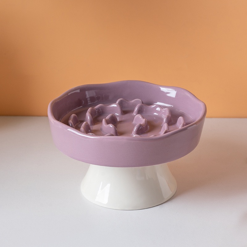  Cute Floral Raised Ceramic Slow Feeder Bowl, Elevated Anti-Gulping Pet Bowl for Cats Small Dogs, Neck Protective Pet Food Dish