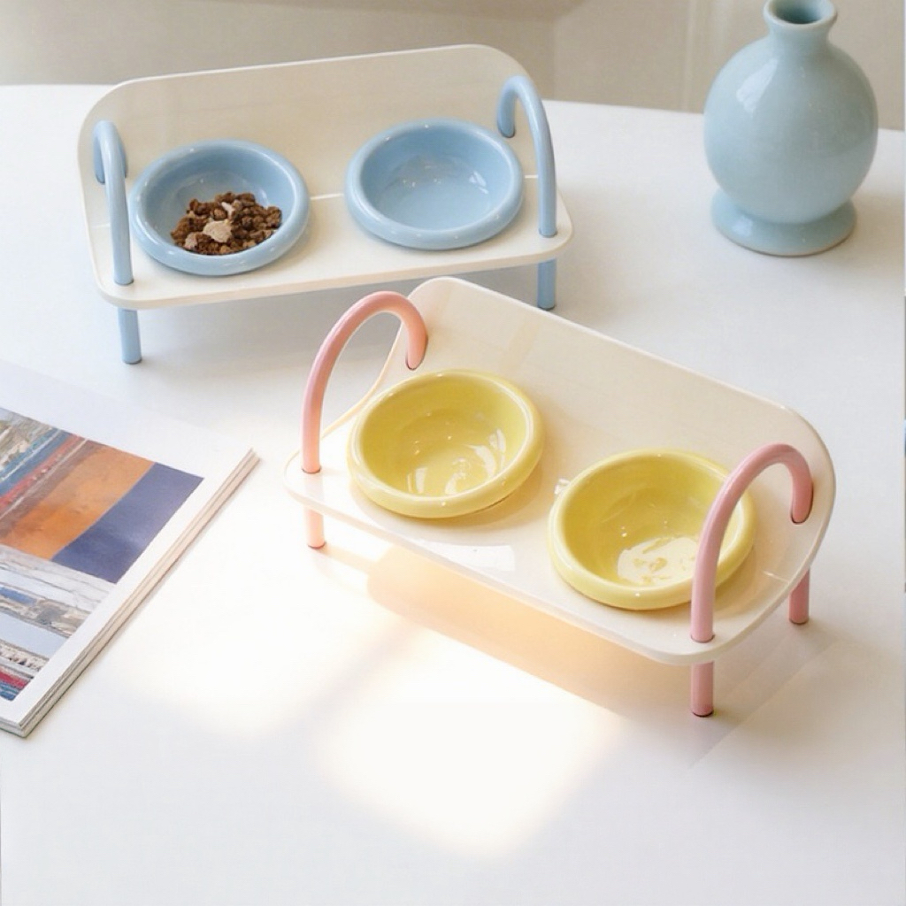 Elevated Ceramic Cat Bowls, Raised Tilt Double Pet Feeder Bowl, Anti-Spill Neck Protection Cat Food Water Bowl Cute Pastel Color