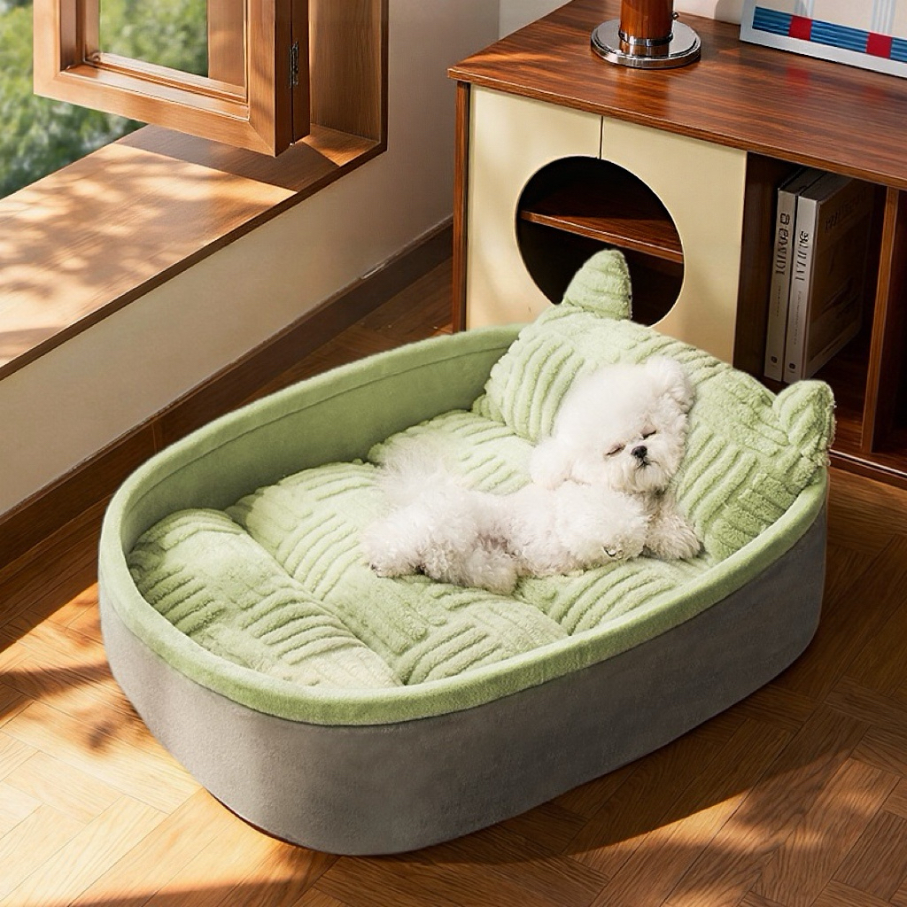 Warm Striped Fleece Pet Dog Bed | Non-Slip Raised Backrest Calming Dog Sofa for All Seasons