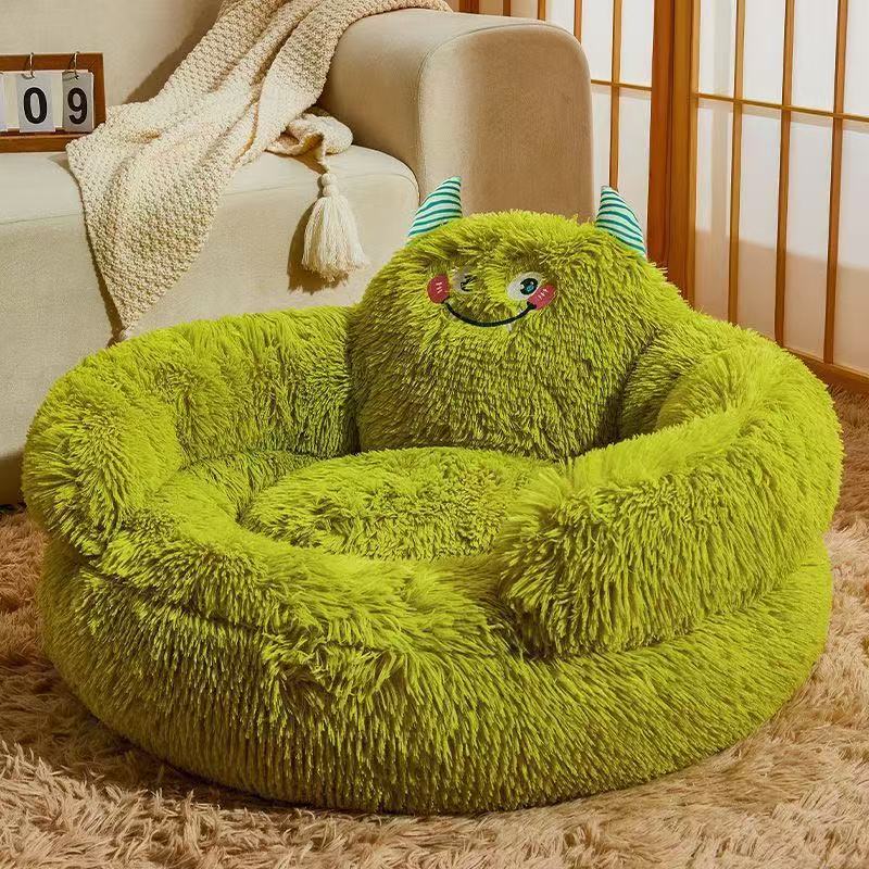 Cute Monster Shaggy Calming Dog Bed, Fluffy Round Anti-Anxiety Plush Pet Sofa Couch for Small Medium Dogs Cats