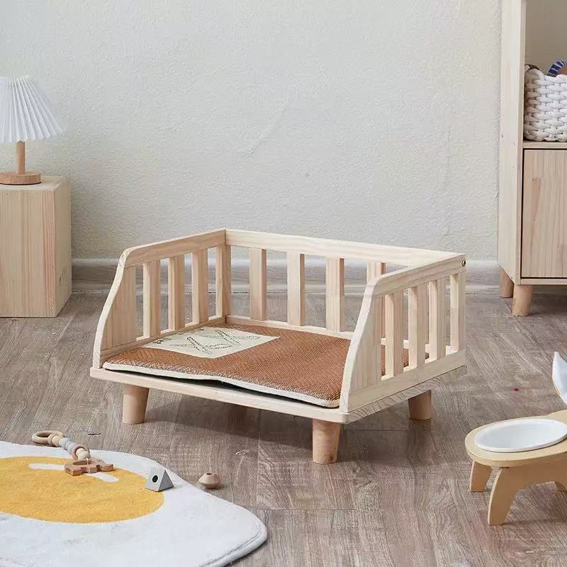 Elevated Solid Wood Pet Bed, Raised Off-Floor Dog Cat Sofa Bed with Removable Floral Cushion
