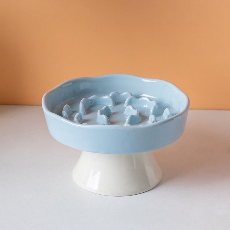  Cute Floral Raised Ceramic Slow Feeder Bowl, Elevated Anti-Gulping Pet Bowl for Cats Small Dogs, Neck Protective Pet Food Dish