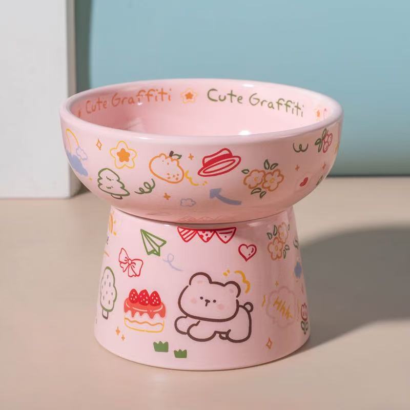 Cute Graffiti Elevated Ceramic Cat Bowl - Ergonomic Raised Feeder for Neck Protection, Anti-Vomiting & Whisker-Friendly, Dishwasher Safe Pet Bowl for Food & Water