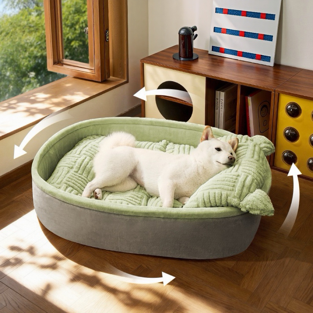 Warm Striped Fleece Pet Dog Bed | Non-Slip Raised Backrest Calming Dog Sofa for All Seasons