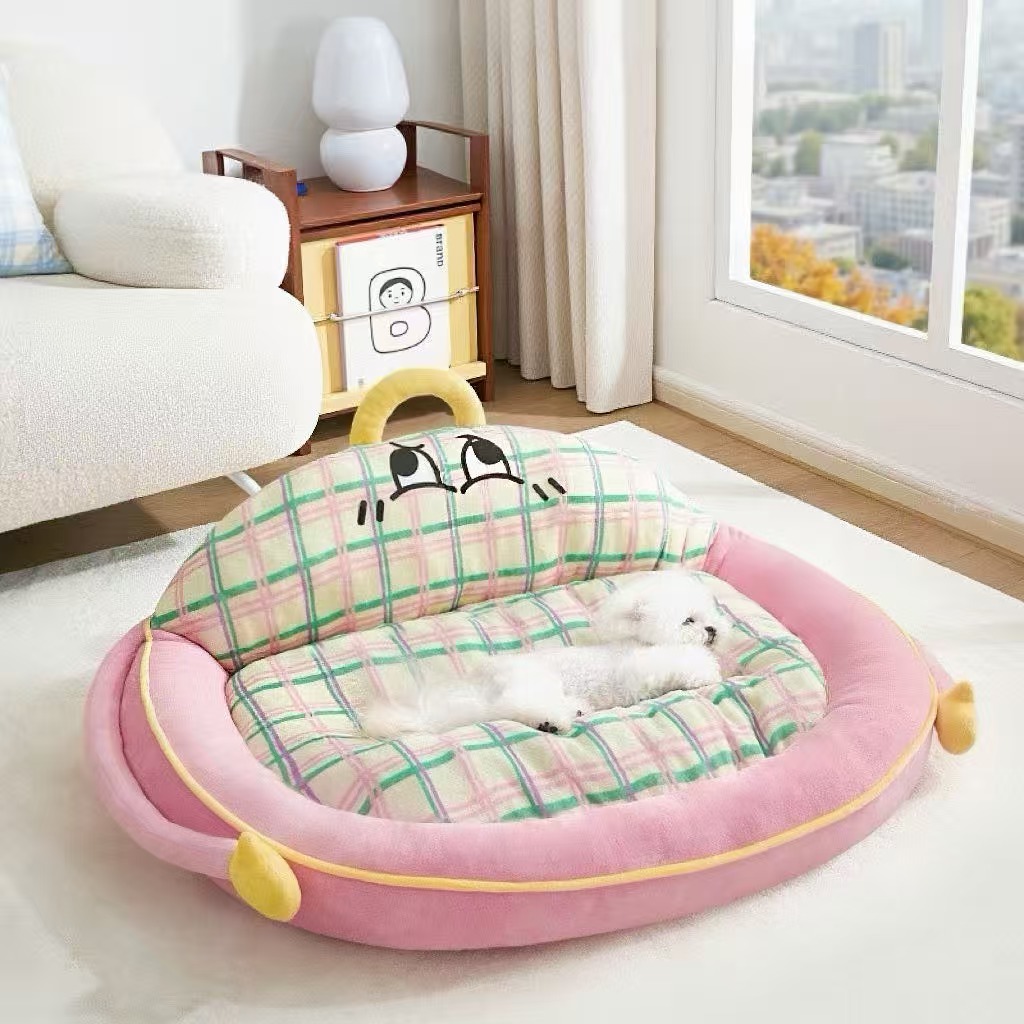 Cute Dopamine Plaid Pet Bed, Fluffy Deep Sleep Dog & Cat Sofa Bed with Raised Backrest
