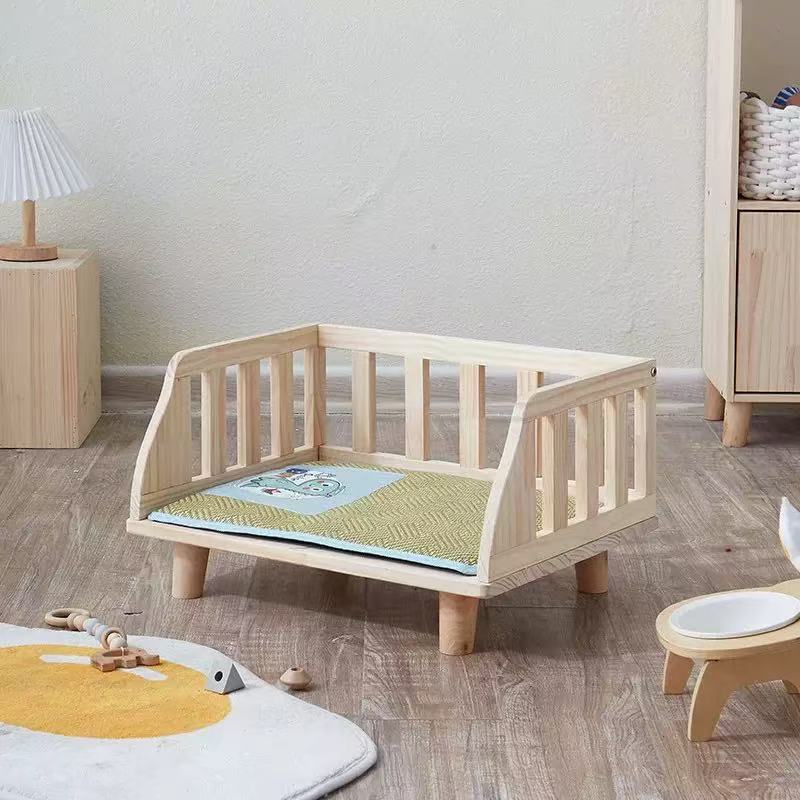 Elevated Solid Wood Pet Bed, Raised Off-Floor Dog Cat Sofa Bed with Removable Floral Cushion