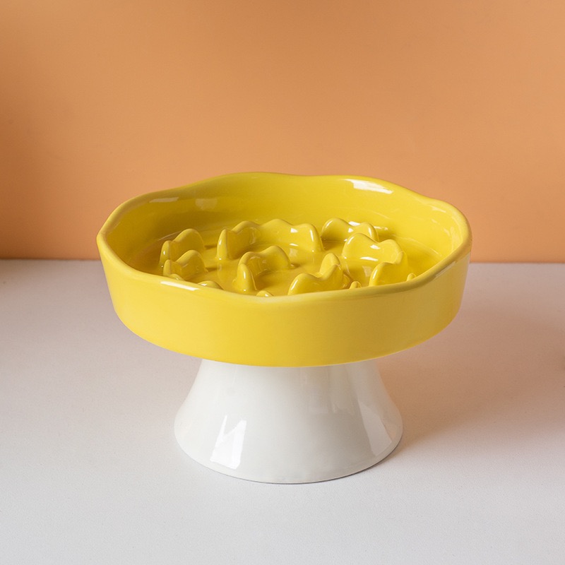  Cute Floral Raised Ceramic Slow Feeder Bowl, Elevated Anti-Gulping Pet Bowl for Cats Small Dogs, Neck Protective Pet Food Dish