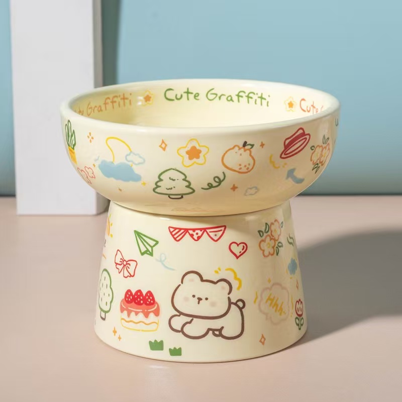 Cute Graffiti Elevated Ceramic Cat Bowl - Ergonomic Raised Feeder for Neck Protection, Anti-Vomiting & Whisker-Friendly, Dishwasher Safe Pet Bowl for Food & Water