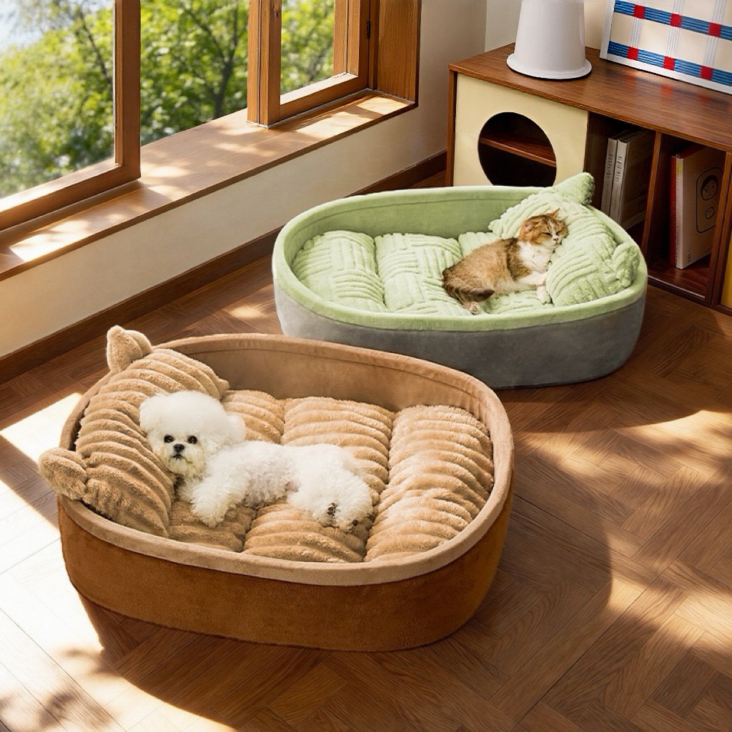 Warm Striped Fleece Pet Dog Bed | Non-Slip Raised Backrest Calming Dog Sofa for All Seasons