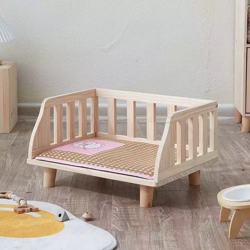 Elevated Solid Wood Pet Bed, Raised Off-Floor Dog Cat Sofa Bed with Removable Floral Cushion