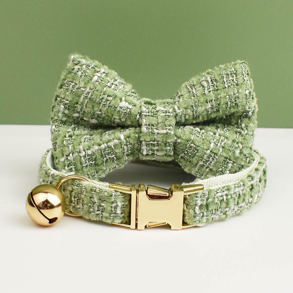 "Little Chanel" Style Pet Collar Series (with Bell & Bowtie) — Customizable Engraved Collar for Cats & Dogs