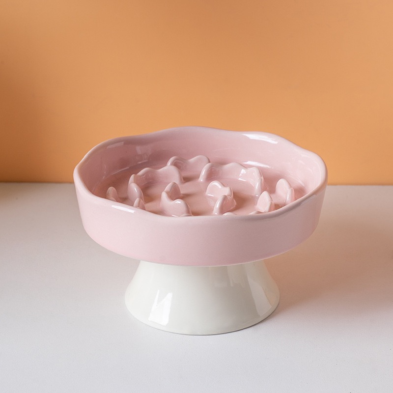  Cute Floral Raised Ceramic Slow Feeder Bowl, Elevated Anti-Gulping Pet Bowl for Cats Small Dogs, Neck Protective Pet Food Dish