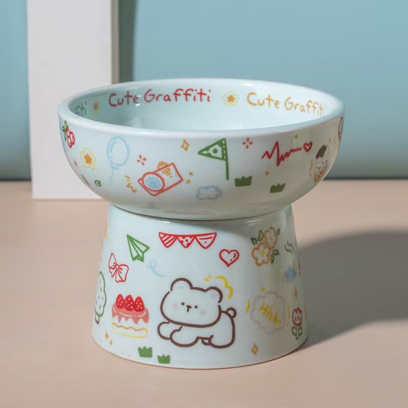 Cute Graffiti Elevated Ceramic Cat Bowl - Ergonomic Raised Feeder for Neck Protection, Anti-Vomiting & Whisker-Friendly, Dishwasher Safe Pet Bowl for Food & Water