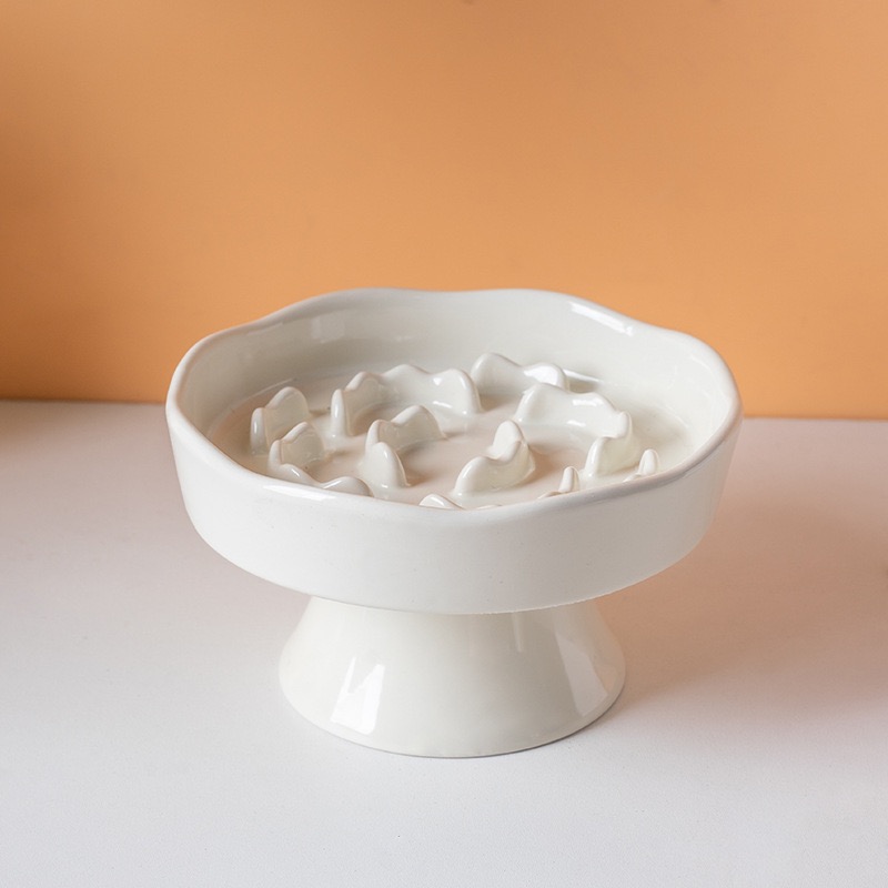 Cute Floral Raised Ceramic Slow Feeder Bowl, Elevated Anti-Gulping Pet Bowl for Cats Small Dogs, Neck Protective Pet Food Dish