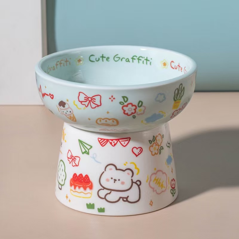 Cute Graffiti Elevated Ceramic Cat Bowl - Ergonomic Raised Feeder for Neck Protection, Anti-Vomiting & Whisker-Friendly, Dishwasher Safe Pet Bowl for Food & Water