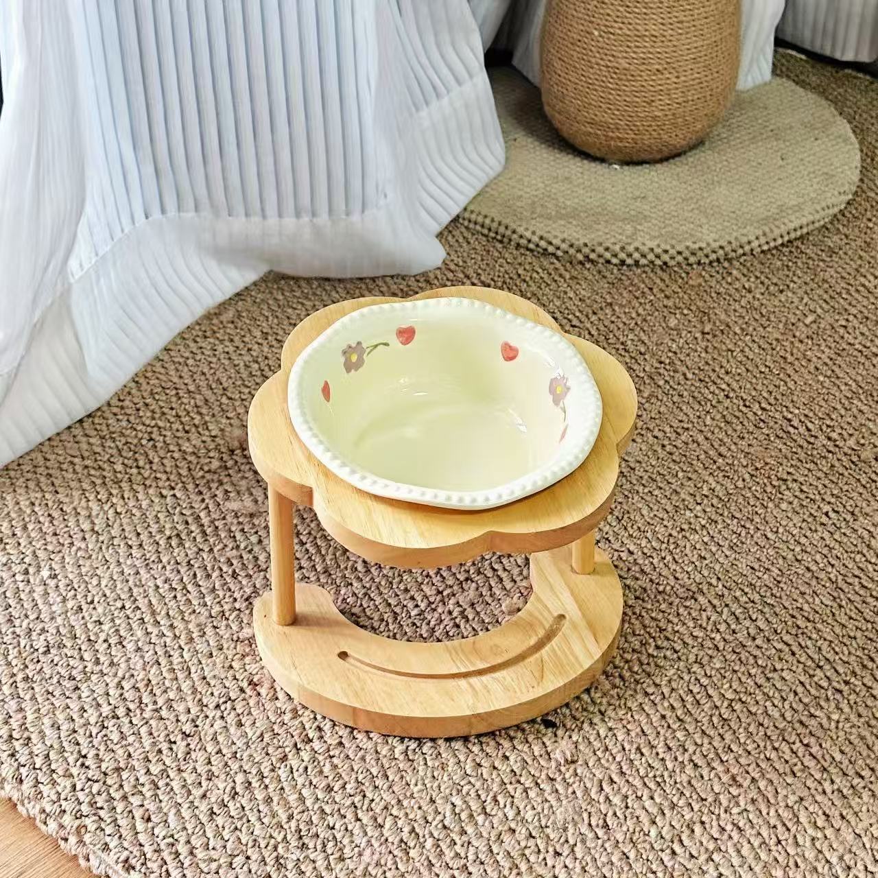 Natural Solid Wood Raised Cat Bowl Holder, 15° Slant Ergonomic Feeder Stand for Ceramic Cat Food Water Bowl, Neck Care Pet Feeding Station for Kitten Adult Cat