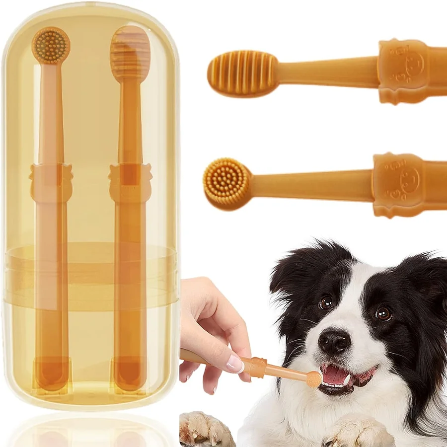 Pet silicone toothbrush and dental cleaning set for cats and dogs, with storage cup.