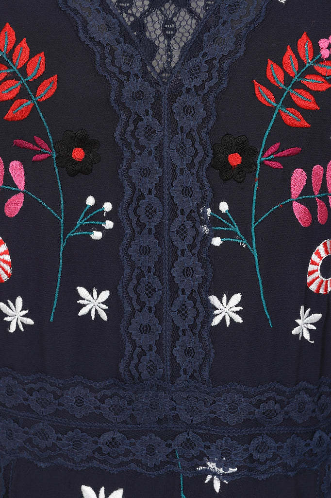 Navy Christmas Embroidered Maxi Dress with Lace Panels