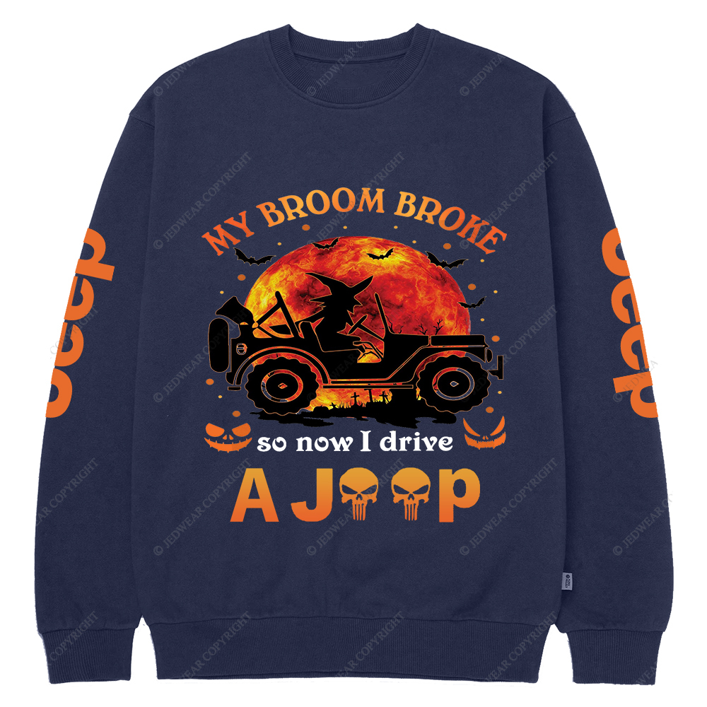 Halloween Pumpkin Bat My Broom Broke So Now I Drive A Car Jp Crew Neck Sweatshirt
