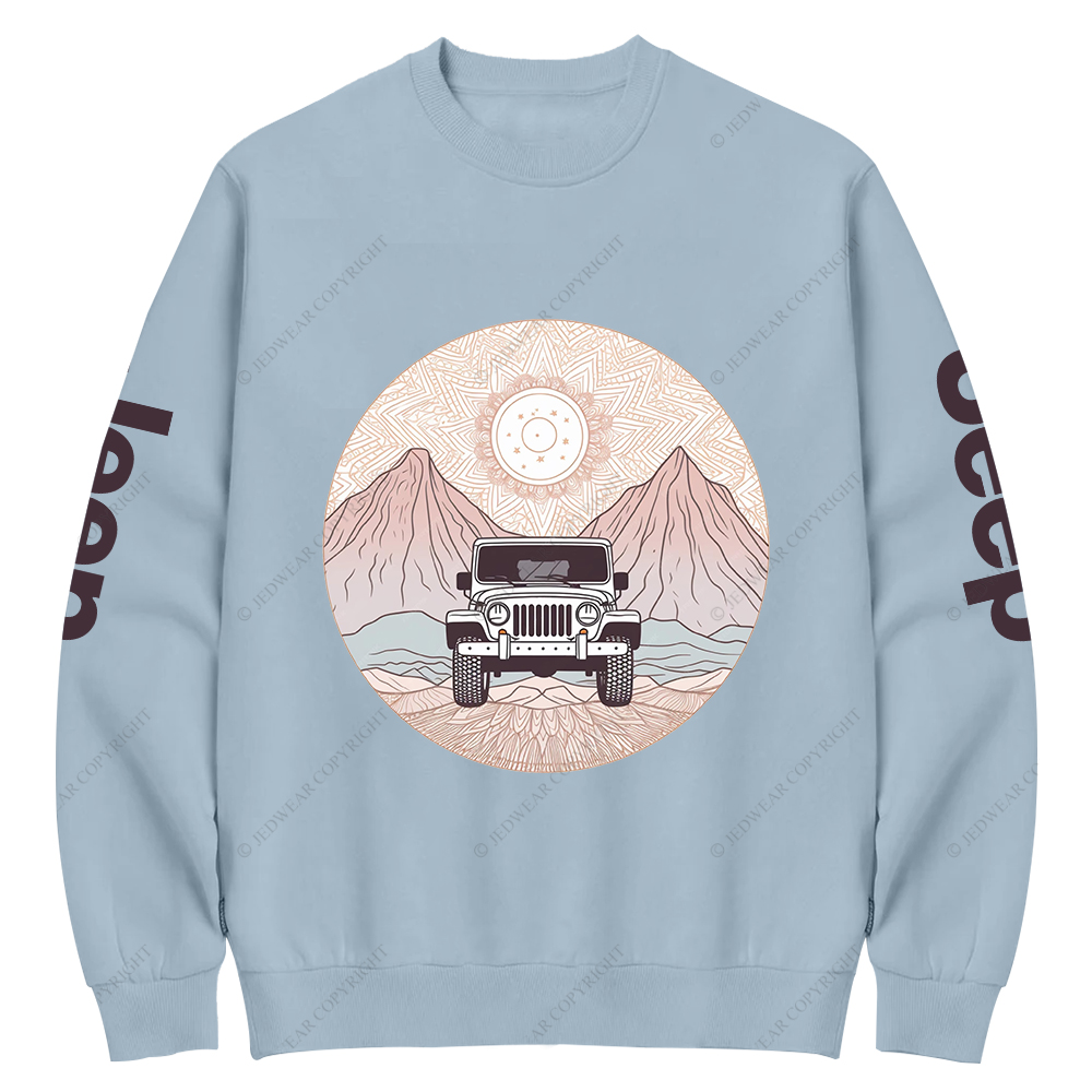There Is A Car Driving Through A Desert With Mountains Jp Crew Neck Sweatshirt