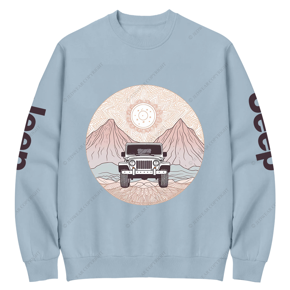 There Is A Car Driving Through A Desert With Mountains Jp Crew Neck Sweatshirt