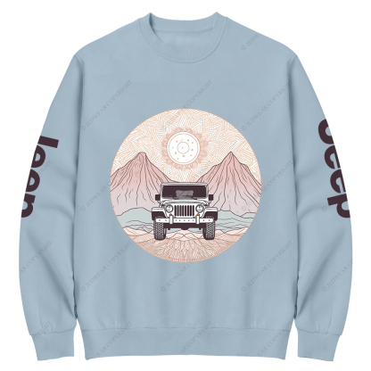 There Is A Car Driving Through A Desert With Mountains Jp Crew Neck Sweatshirt