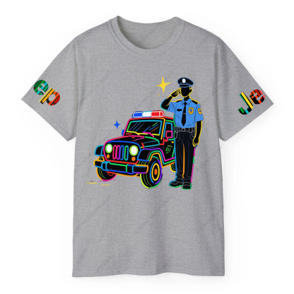 Policeman Saluting Next To Police Car Star JP T-Shirt