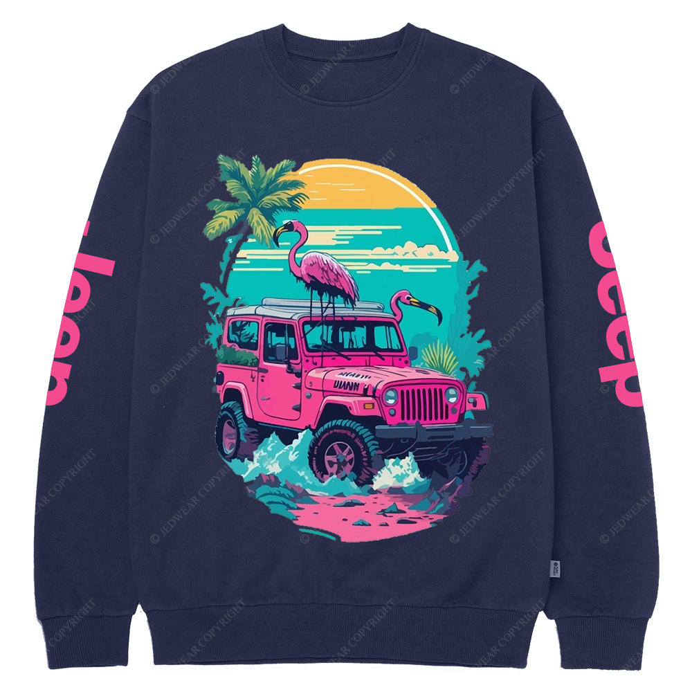 Pink Off-Road And Pink Swan Flamingo On The Seashore Jp Crew Neck Sweatshirt