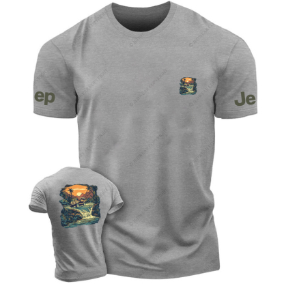 Four-Wheeled Vehicle Driving In Water Sunset Palm Trees Stones JP T-Shirt
