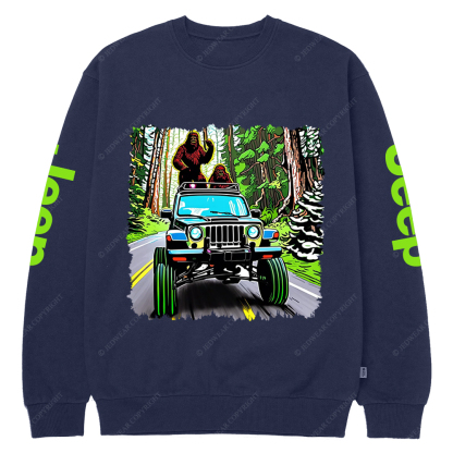 Sasquatch Driving A White 1982  Renegade In A Neon Forest Jp Crew Neck Sweatshirt