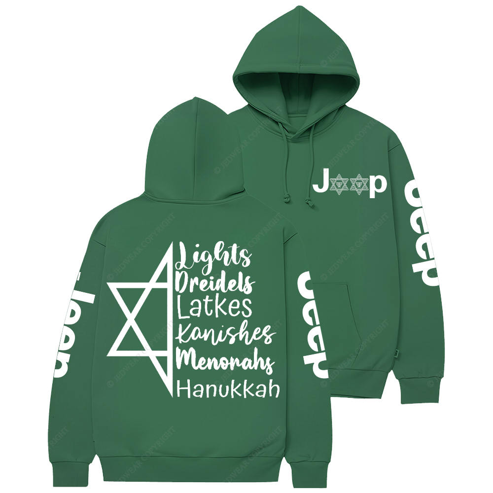 Religion Judaism Lights Dreidels Latkes Kanishes Menorahs Hanukkah Jp Casual Hoodie