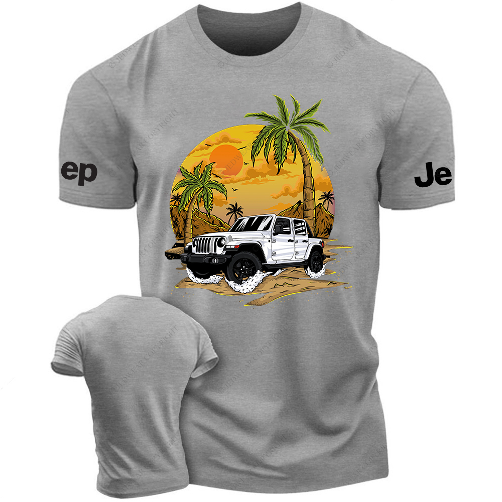 White Car Sun Mountain Coconut Trees Jp T-Shirt