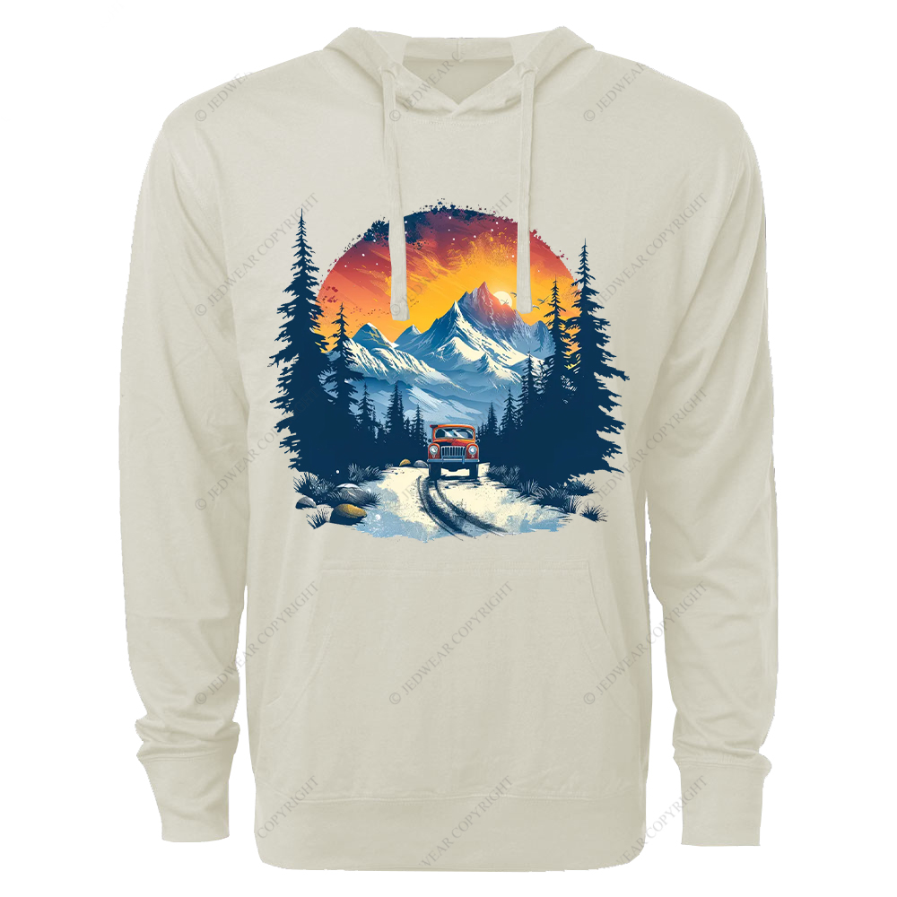 Red Car Is Driving Down A Road In The Mountains Jp Oversized Lightweight Hoodie