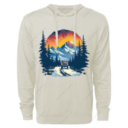 Red Car Is Driving Down A Road In The Mountains Jp Oversized Lightweight Hoodie