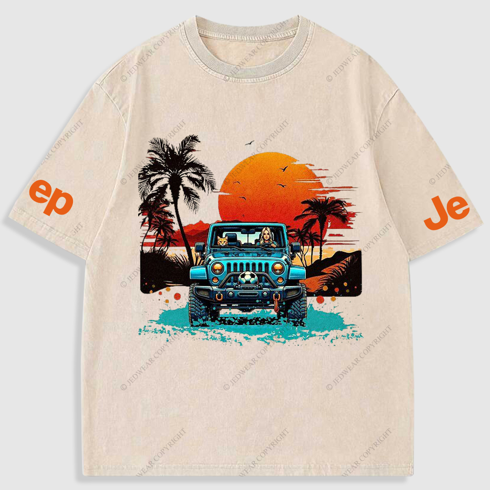 Woman Cat Sunset Beach Seaside Washed T-Shirt