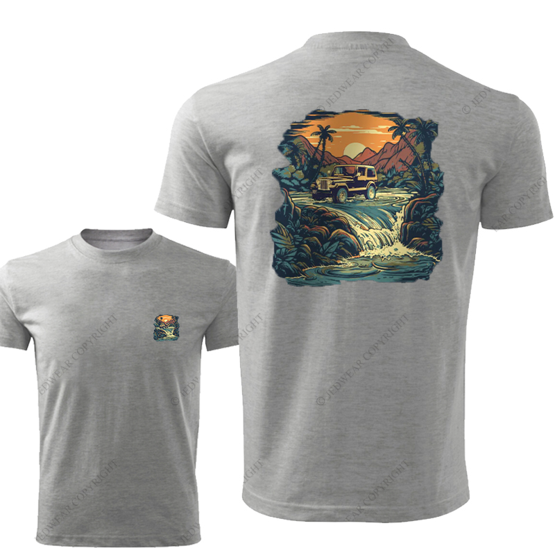 Four-Wheeled Vehicle Driving In Water Sunset Palm Trees Stones JP T-Shirt